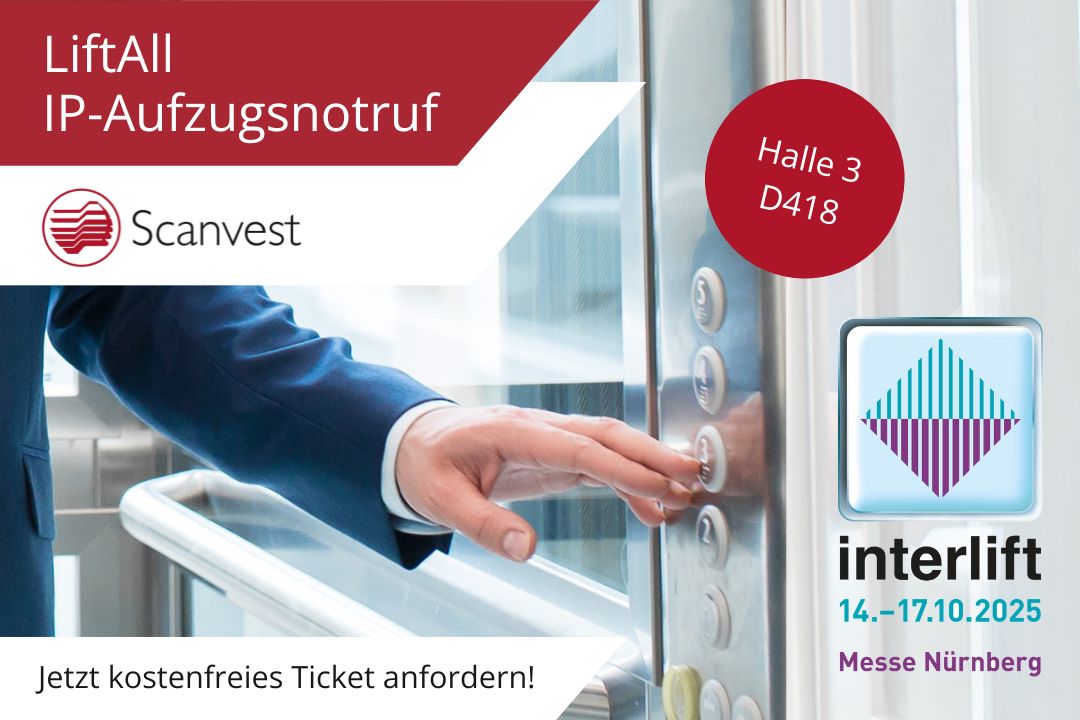 Hand drückt Taster im Aufzug + interlift Logo 